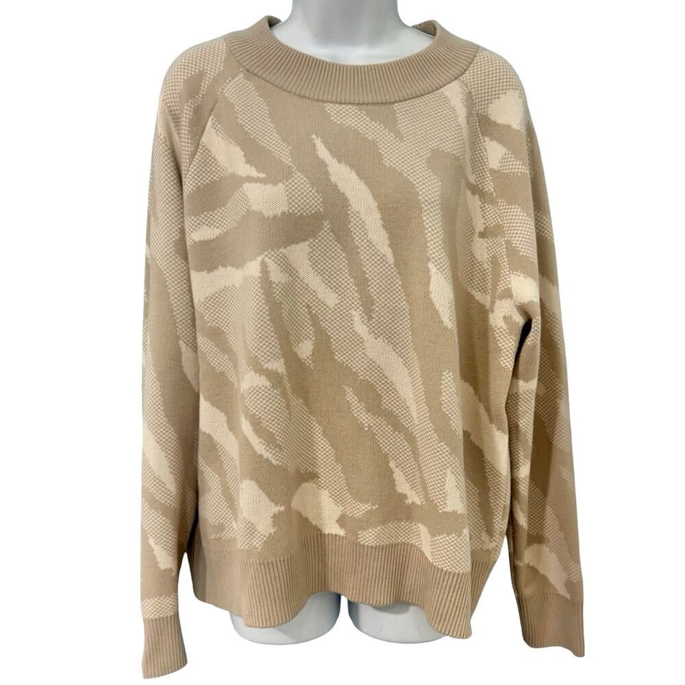 Athleta Tan Camo Camouflage Crew Neck Wool Blend Jacquard Pullover Sweater sz L - Picture 3 of 10